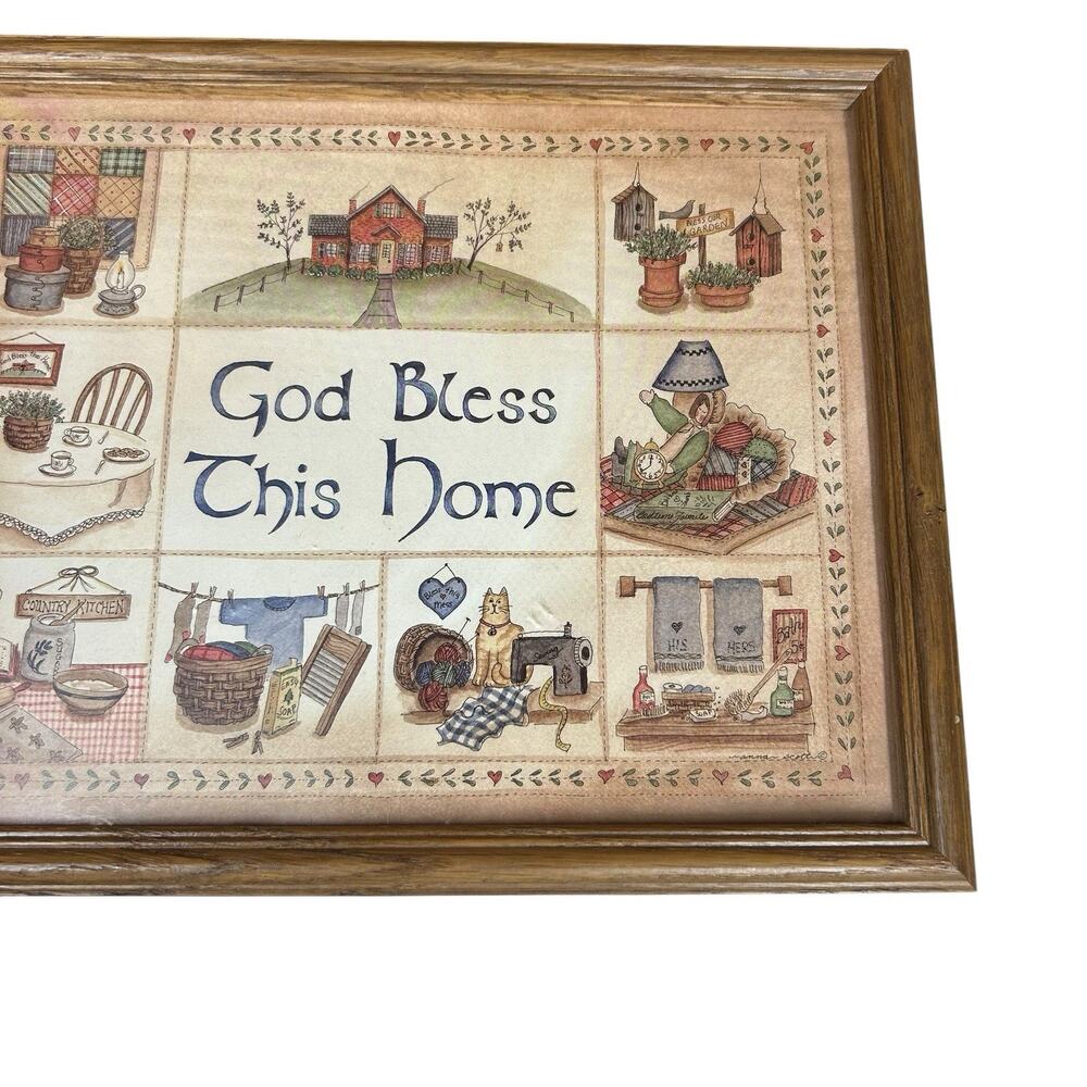 Vtg God Bless This Home Frame Wall Art Picture Anna Scott Folk Art Country 11x14 - Picture 5 of 7